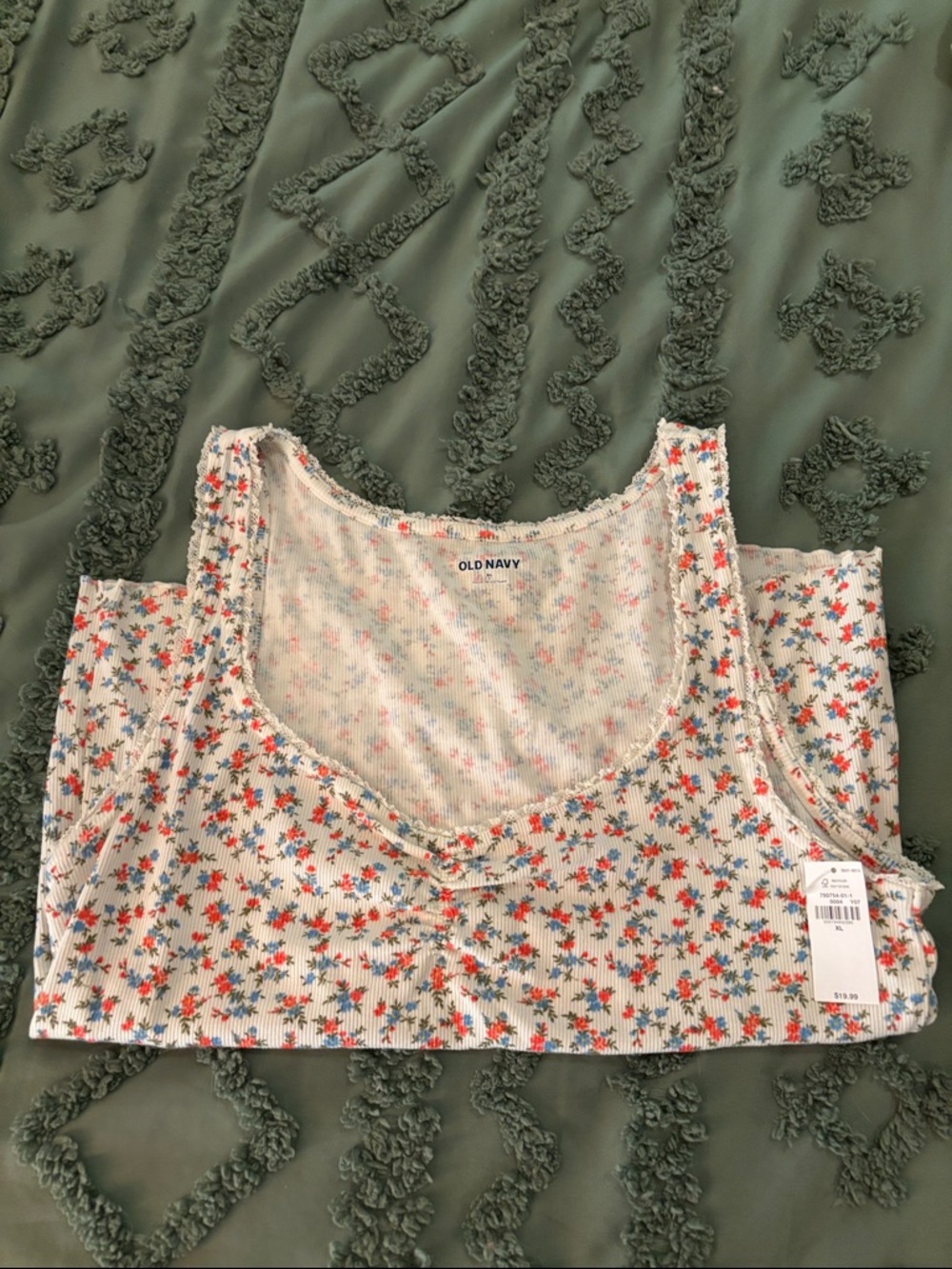 Old Navy White Ribbed Tank with Red and Blue Floral Print